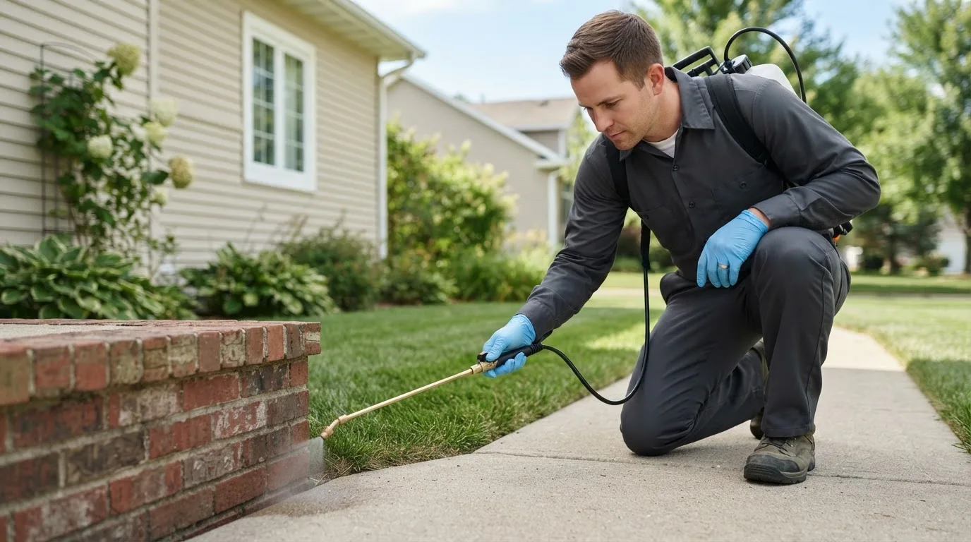 Pest control technician treating a home near Newport Center, VT
